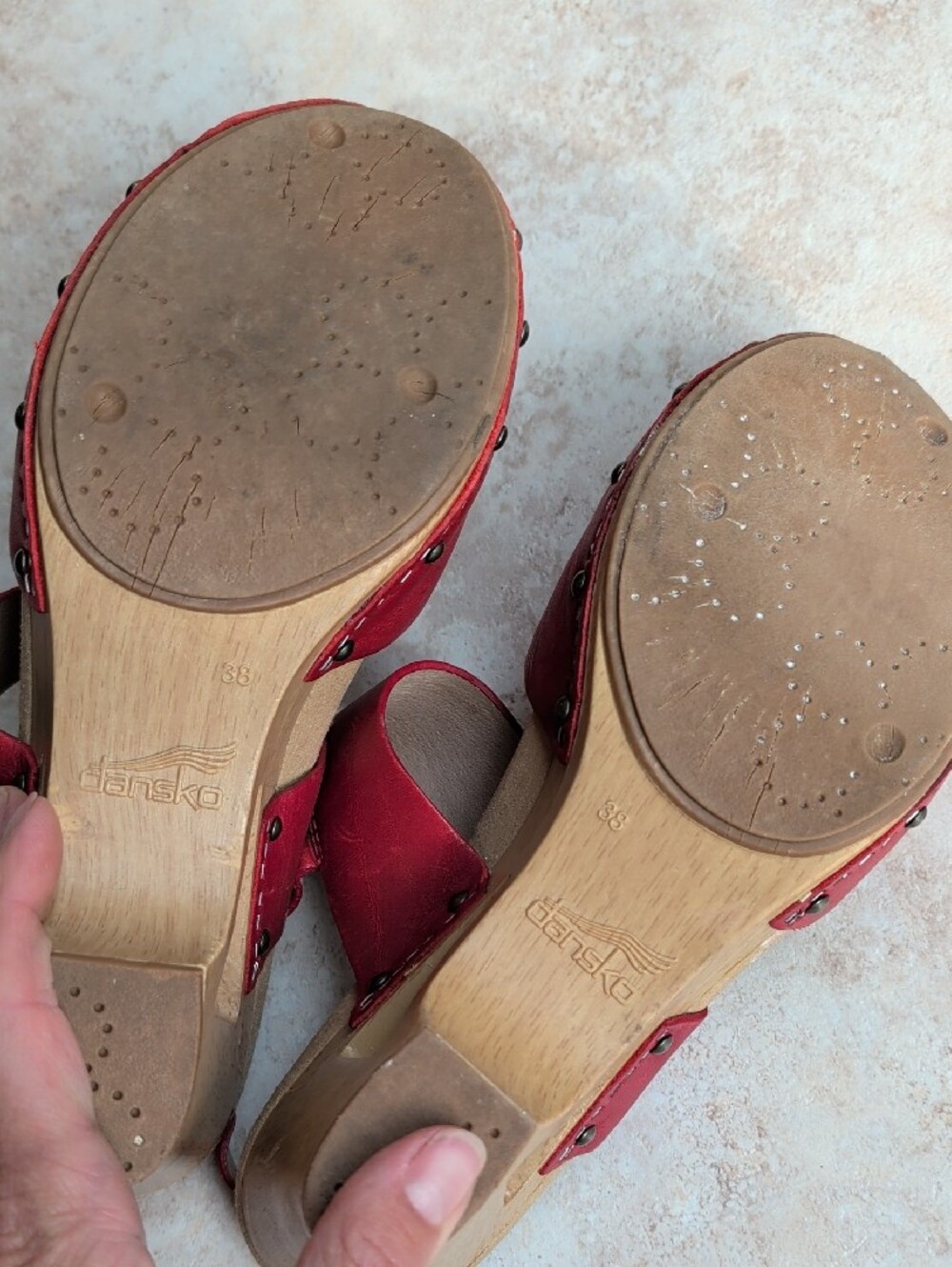 Dansko Red Leather Studded Clog Sandals With Heel - Picture 5 of 9